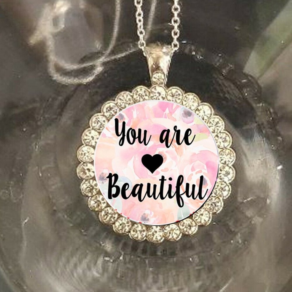 You are Beautiful Quote rhinestone necklace great gift very pretty 925 silver
